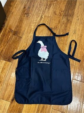 Source Unknown Navy Blue Kitchen Apron with White Duck and Pink Bow